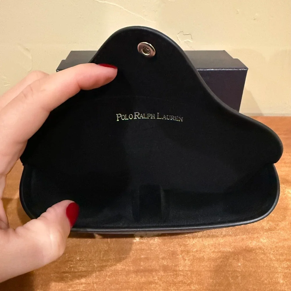 NEW Ralph Lauren Black Perforated Leather Sunglass Case, Box with Cleaning Cloth